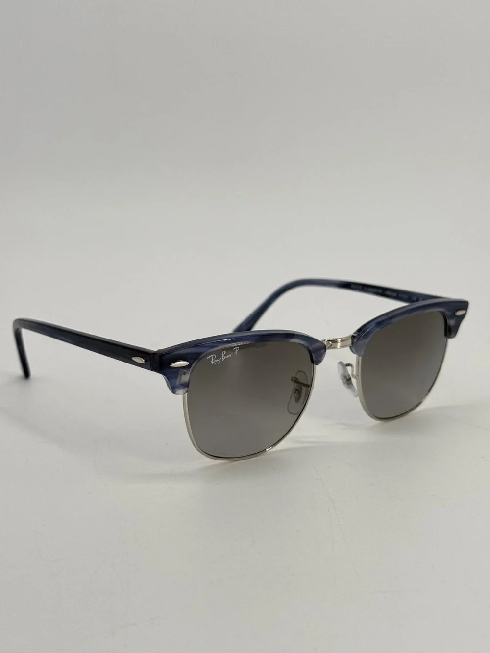 Ray Ban RB 3016 Clubmaster 1434/M3 Blue Striped Gray Glass Polarized Sunglasses